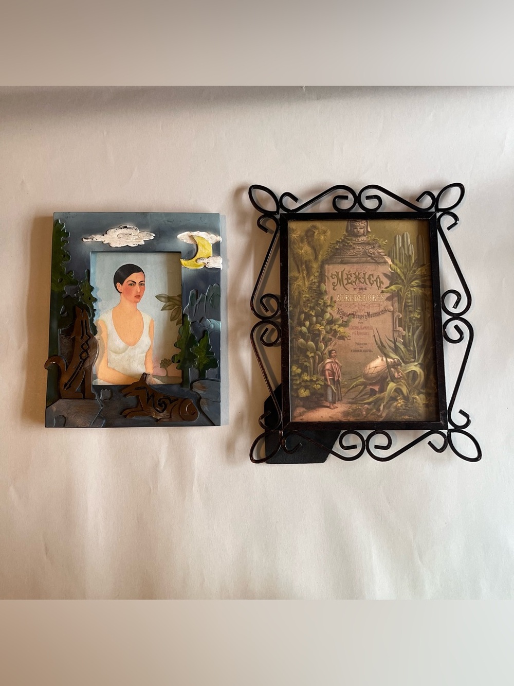 Vintage Chalkware and Metal Picture Photo Frames w/ Fine Art Prints-Set of 2